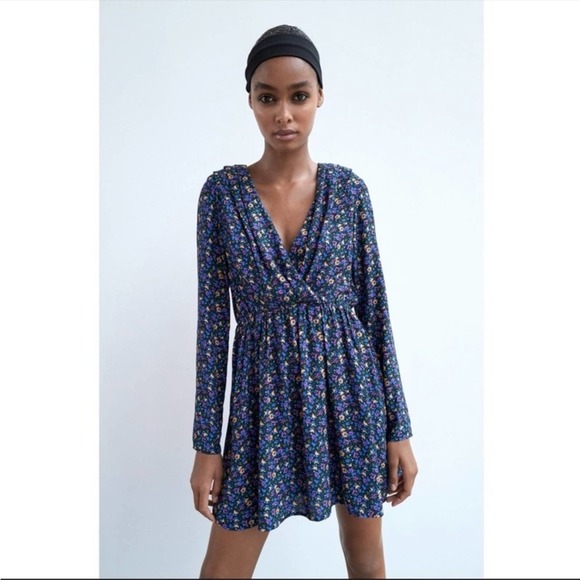 Zara Dresses & Skirts - New Zara Black Blue Floral Print Long Sleeve V Neck Mini Dress Shoulder Pads M